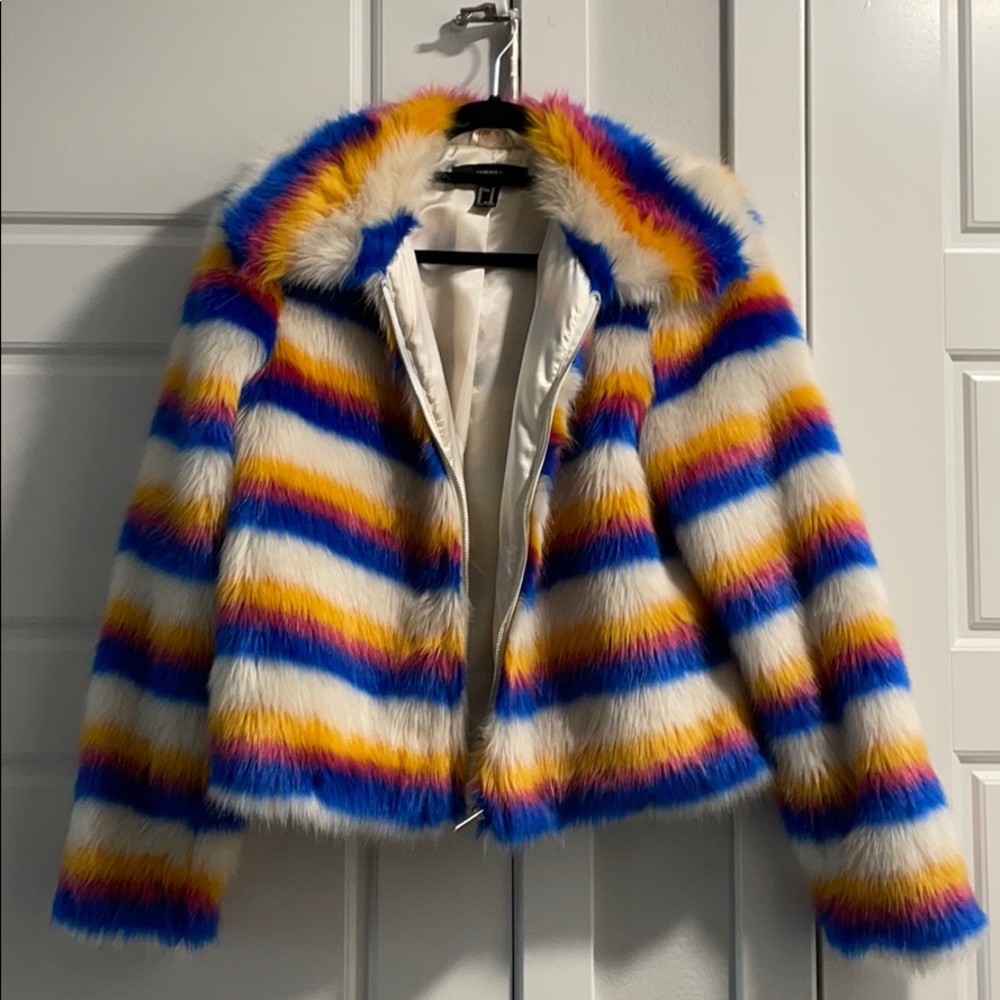 Forever 21 multi-colored faux fur coat, size M